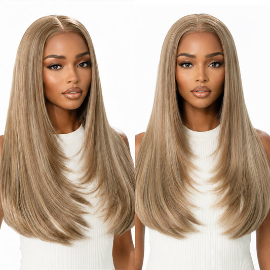 Glueless Synthetic layered cut 9x7 Brown&Blonde Highlight Lace Front Wig Premium Human-Hair-Like Fiber