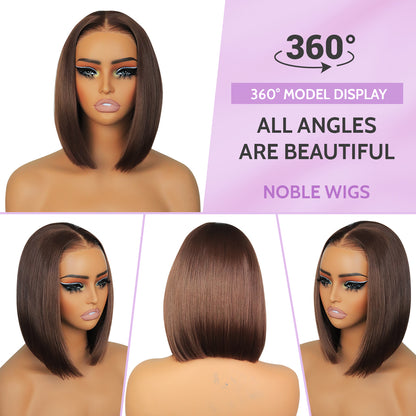 Synthetic Wear&Go 9x7 Glueless Short Bob Straight Layered Cut Lace Front Straight Chocolate Brown Wig Premium Human-Hair-Like Fiber