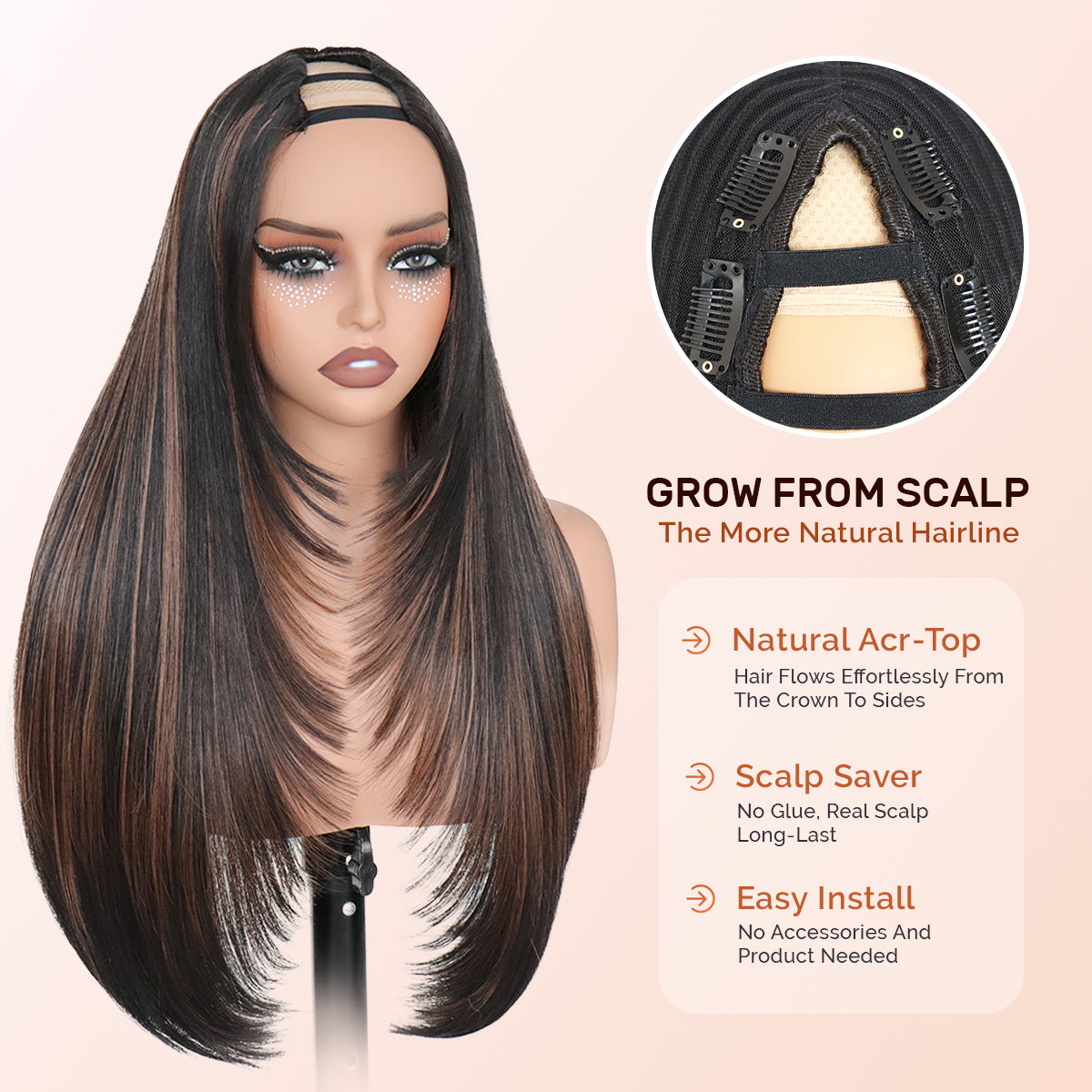 Yaki Straight V Part Layered Wig 250% Density Glueless No Leave Out Synthetic Hair Wig 22 Inch Beginner FriendlyHighlight 2/30