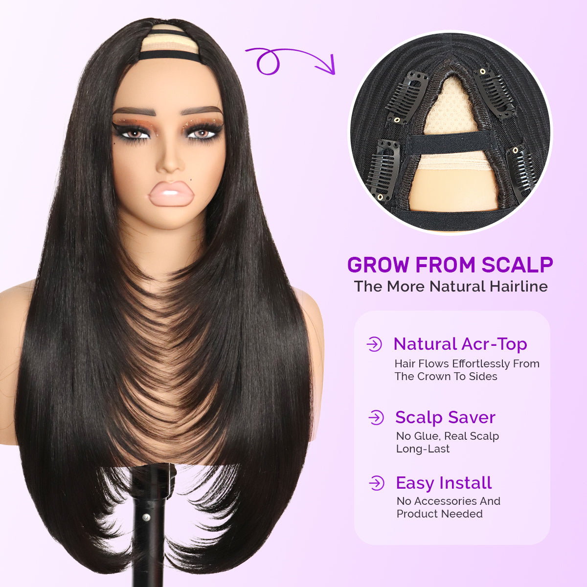 Yaki Straight V Part Layered Wig 250% Density Glueless No Leave Out Synthetic Hair Wig 22 Inch Beginner Friendly Natural Black