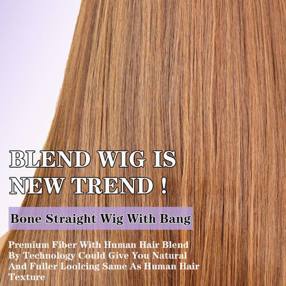 Human Hair Blend Fiber Glueless Wear and Go Straight Wigs with Bangs 6x4 Lace Front Wig