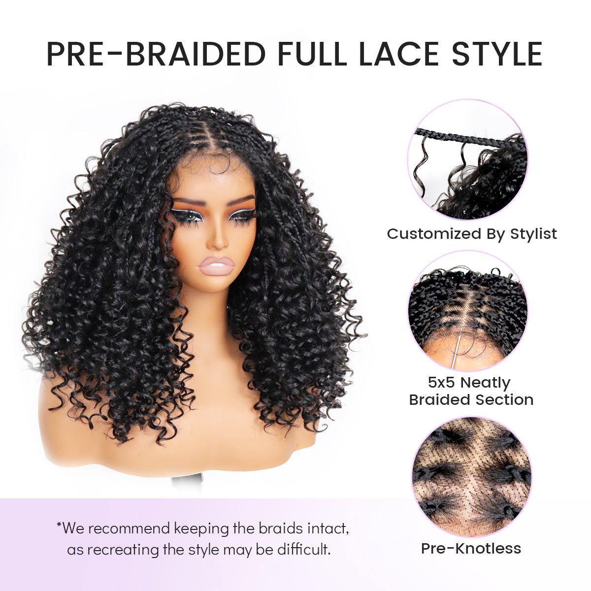 Black Braided Curly Wig for Women 13×4.5 HD Lace Frontal Synthetic Wigs with Fluffy Knotless Hair Natural Looking Hand-Braided Wig with Seamless Natural Parting for Daily Use