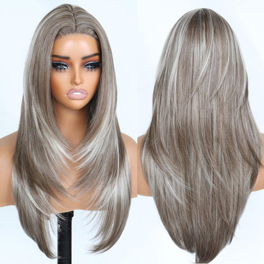 Mix Blonde Synthetic layered cut Lace Front Glueless Wig Tiny Knots Premium Fiber