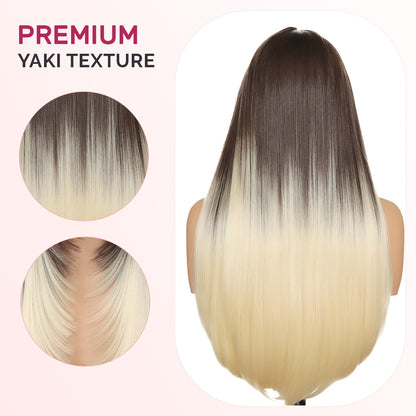 Yaki Straight V Part Layered Wig 250% Density Glueless No Leave Out Synthetic Hair Wig 22 Inch Beginner Friendly T4/60 Brown Platinum