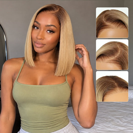 9x7 Glueless Synthetic Honey Blonde Bob Wig  Wear and Go Bone Straight Wigs Double Drawn