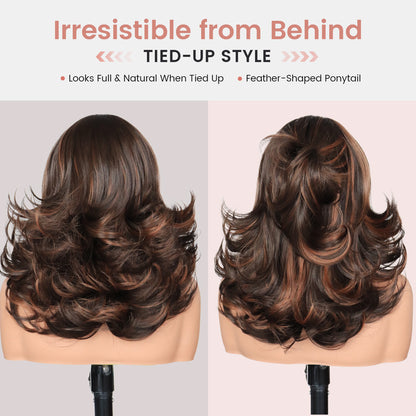 U&A Hair Wavy Layered Wig Blowout Style C- Part ,260% Density 9x7 Lace Front Synthetic Wear and Go Pre Cut Pre Plucked Glueless Wigs 18Inch Natural Looking Hair for Women Daily Party Use Beginner friendly