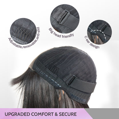 Glueless 5x4 Lace Front Synthetic Yaki Straight Bob Wig with Bangs Wear and Go short Blunt Cut Bob Wig