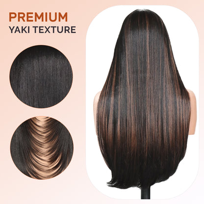 Yaki Straight V Part Layered Wig 250% Density Glueless No Leave Out Synthetic Hair Wig 22 Inch Beginner FriendlyHighlight 2/30