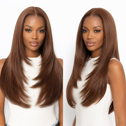 Glueless Synthetic layered cut 9x7 Lace Front Wig Chocolate Brown Wear And Go Premium Human-Hair-Like Fiber