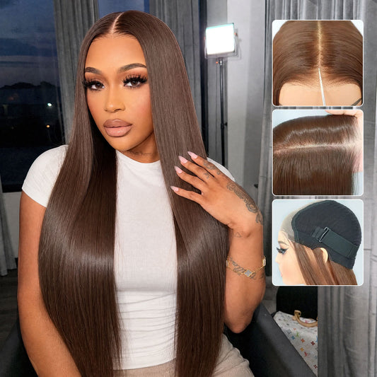 U&A 9x7 Lace Front Straight Wig Chocolate Brown  Premium Human Hair-Like Fiber Glueless Wear and Go