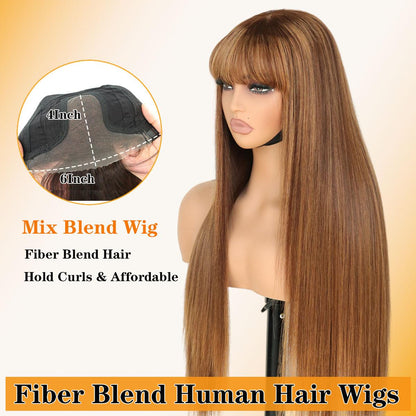 Human Hair Blend Fiber Glueless Wear and Go Straight Wigs with Bangs 6x4 Lace Front Wig