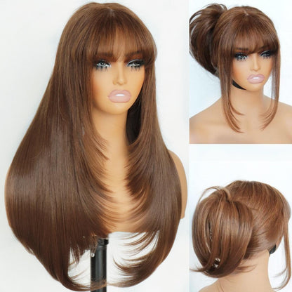 Human Hair Blend Fiber Wig light Brown Glueless Straight Layered Wigs with Bangs Wear and Go 6x4 Lace Front Wig