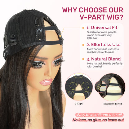 Yaki Straight V Part Layered Wig 250% Density Glueless No Leave Out Synthetic Hair Wig 22 Inch Beginner Friendly T4/60 Brown Platinum