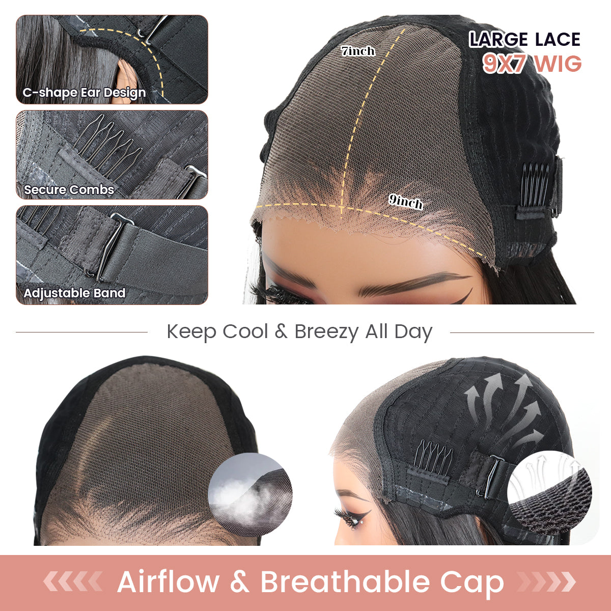 U&A Hair Wavy Layered Wig Blowout Style C- Part ,260% Density 9x7 Lace Front Synthetic Wear and Go Pre Cut Pre Plucked Glueless Wigs 18Inch Natural Looking Hair for Women Daily Party Use Beginner friendly