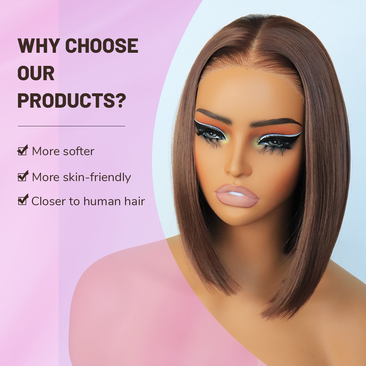 Synthetic Wear&Go 9x7 Glueless Short Bob Straight Layered Cut Lace Front Straight Chocolate Brown Wig Premium Human-Hair-Like Fiber