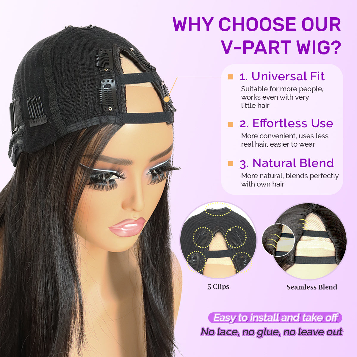Yaki Straight V Part Layered Wig 250% Density Glueless No Leave Out Synthetic Hair Wig 22 Inch Beginner Friendly Natural Black
