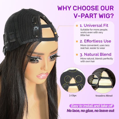Yaki Straight V Part Layered Wig 250% Density Glueless No Leave Out Synthetic Hair Wig 22 Inch Beginner Friendly Natural Black