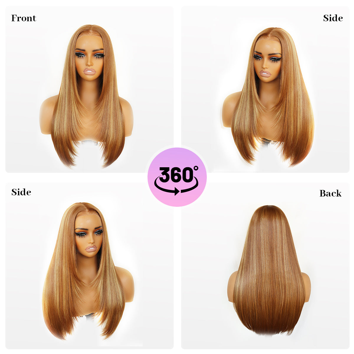 Honey Blonde Highlight 9x7 Lace Wig Long Straight Layered Wig Premium Human-Hair-Like Fiber