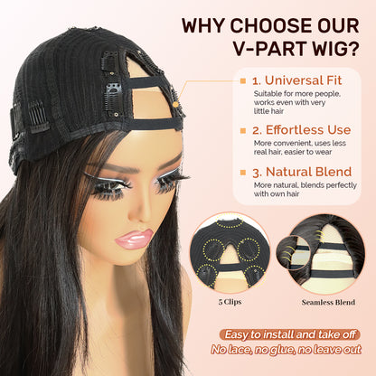 Yaki Straight V Part Layered Wig 250% Density Glueless No Leave Out Synthetic Hair Wig 22 Inch Beginner FriendlyHighlight 2/30