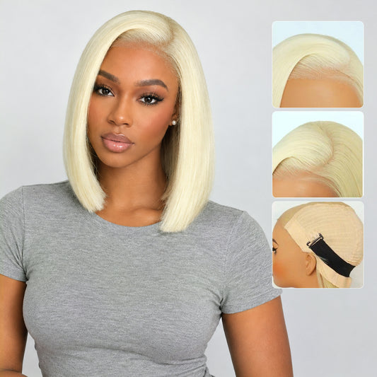 9x7 Glueless Synthetic Blonde Bob Wig  Wear and Go Bone Straight Wigs Double Drawn