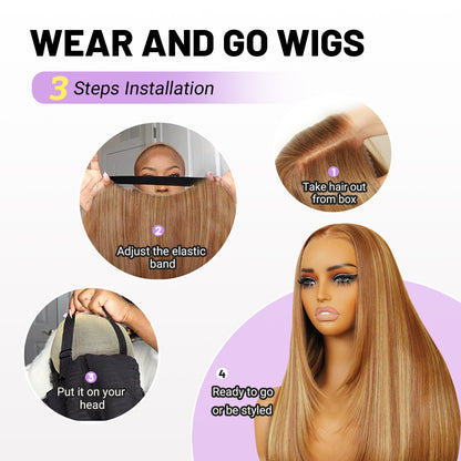 Honey Blonde Highlight 9x7 Lace Wig Long Straight Layered Wig Premium Human-Hair-Like Fiber