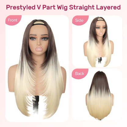 Yaki Straight V Part Layered Wig 250% Density Glueless No Leave Out Synthetic Hair Wig 22 Inch Beginner Friendly T4/60 Brown Platinum