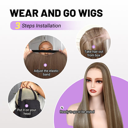 Blonde Highlight Wig 9x7 Glueless Synthetic Lace Front Wig Straight Wig Premium Human-Hair-Like Fiber