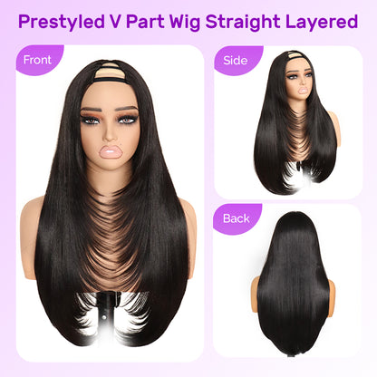 Yaki Straight V Part Layered Wig 250% Density Glueless No Leave Out Synthetic Hair Wig 22 Inch Beginner Friendly Natural Black