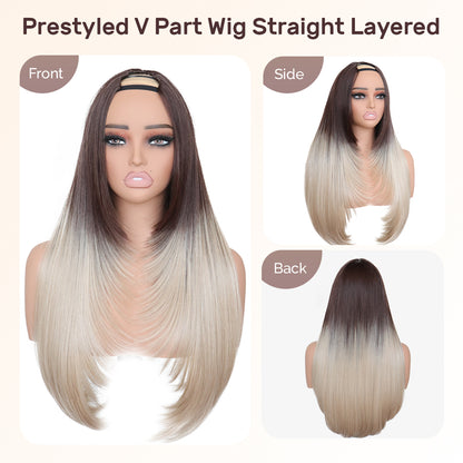 Yaki Straight V Part Layered Wig 250% Density Glueless No Leave Out Synthetic Hair Wig 22 Inch Beginner Friendly T4/Ash Blonde