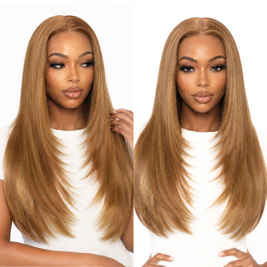 Honey Blonde Highlight 9x7 Lace Wig Long Straight Layered Wig Premium Human-Hair-Like Fiber