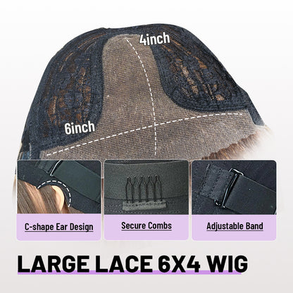 Human Hair Blend Wig Glueless Straight Layered Highlight Wigs with Bangs Wear&Go 6x4 Lace Front Wig