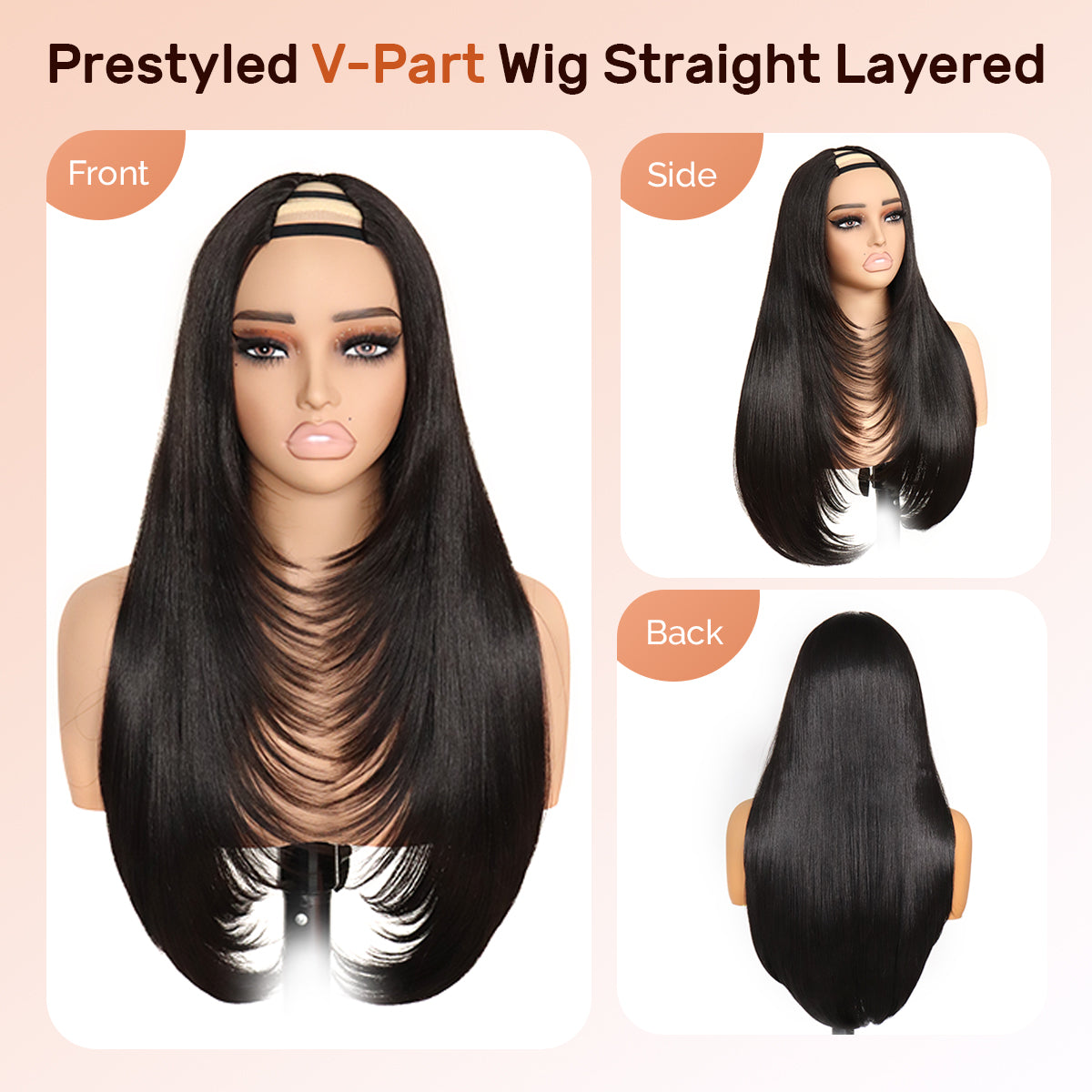 Yaki Straight V Part Layered Wig 250% Density Glueless No Leave Out Synthetic Hair Wig 22 Inch Beginner FriendlyHighlight 2/30