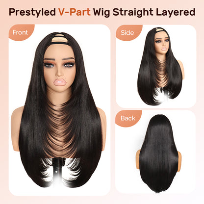 Yaki Straight V Part Layered Wig 250% Density Glueless No Leave Out Synthetic Hair Wig 22 Inch Beginner FriendlyHighlight 2/30
