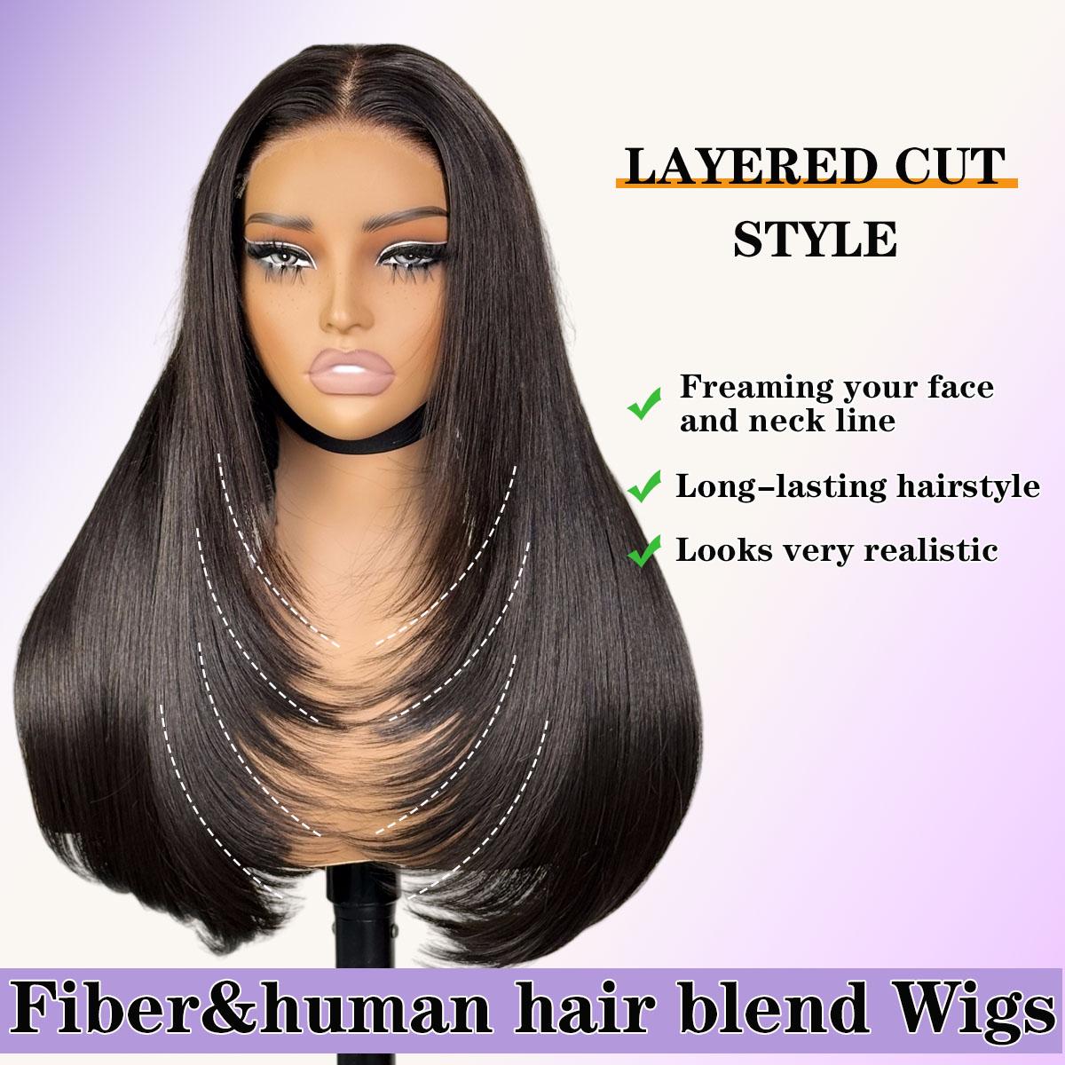 Wear and Go Human Hair Blend Fiber Glueless 6x4 Lace Front Wig Straight Layered Wig Natural Hairline