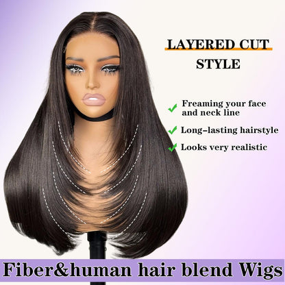 Wear and Go Human Hair Blend Fiber Glueless 6x4 Lace Front Wig Straight Layered Wig Natural Hairline