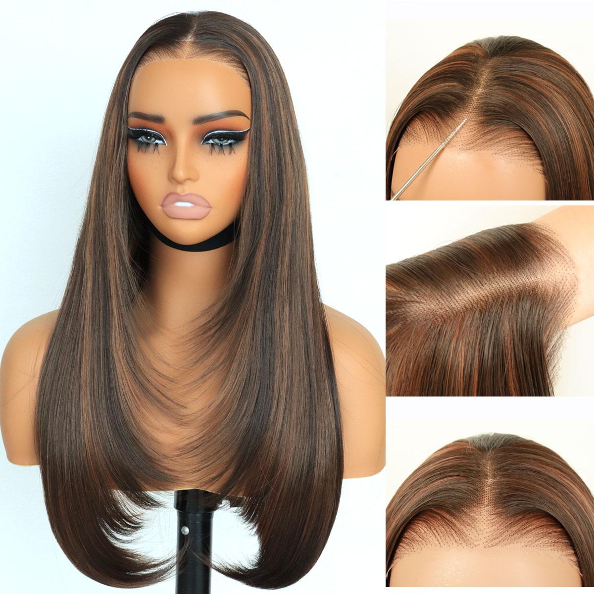 Synthetic layered cut 9x7 Lace Front 8/30 Dark Brown Wig Glueless Wear And Go  Wig  Premium Fiber