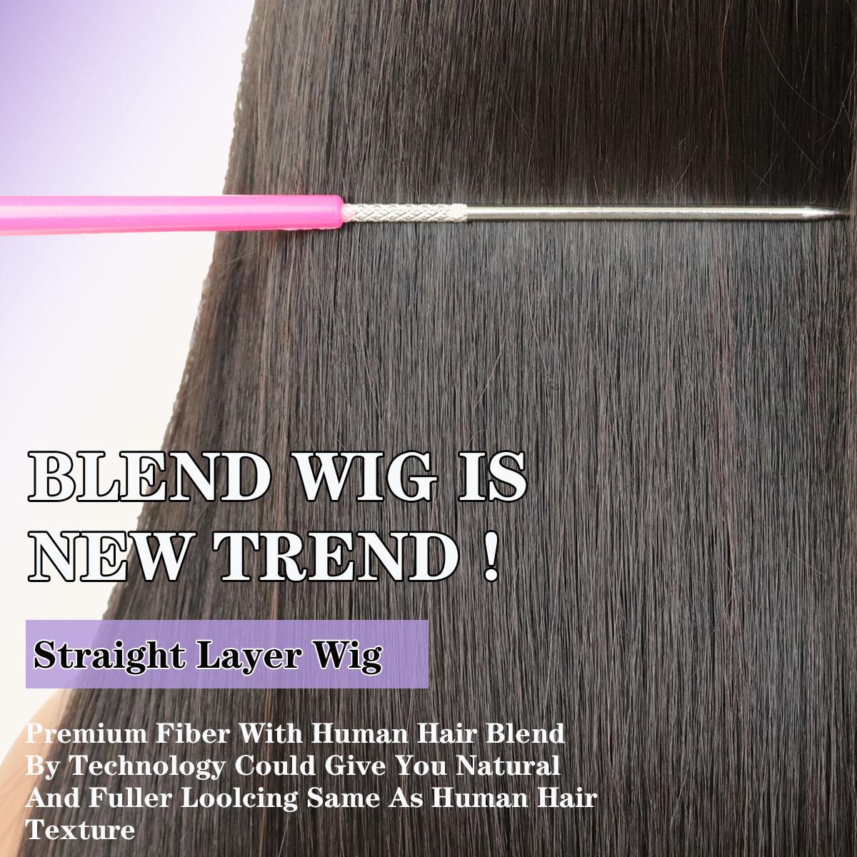 Wear and Go Human Hair Blend Fiber Glueless 6x4 Lace Front Wig Straight Layered Wig Natural Hairline