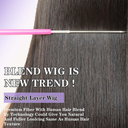 Wear and Go Human Hair Blend Fiber Glueless 6x4 Lace Front Wig Straight Layered Wig Natural Hairline