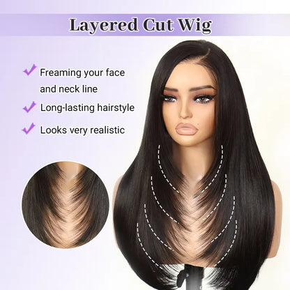 9x7 Glueless C-Part Layered Wig Wear and Go Lace Front Straight Wig Pre Plucked Pre Cut Tiny Knots