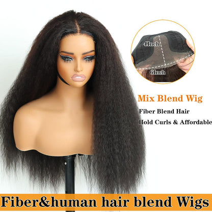 Glueless Human Hair Blend Fiber Kinky Straight 6*4 Real HD Lace Front Wig Wear and Go Wig