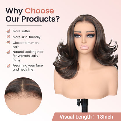 U&A Hair Wavy Layered Wig Blowout Style C- Part ,260% Density 9x7 Lace Front Synthetic Wear and Go Pre Cut Pre Plucked Glueless Wigs 18Inch Natural Looking Hair for Women Daily Party Use Beginner friendly