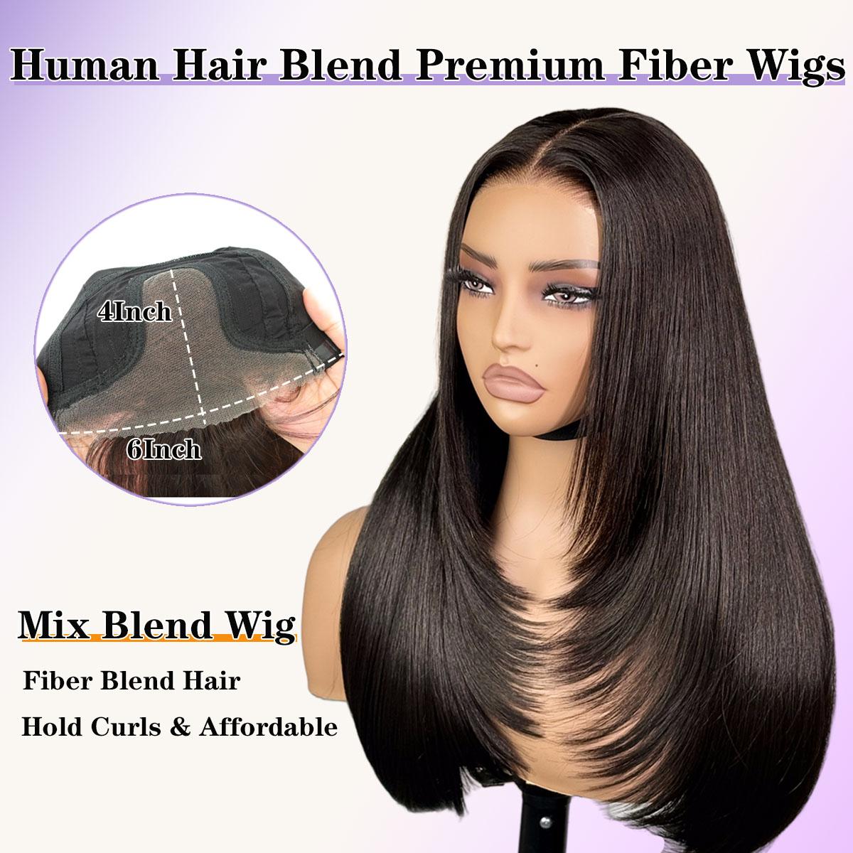 Wear and Go Human Hair Blend Fiber Glueless 6x4 Lace Front Wig Straight Layered Wig Natural Hairline