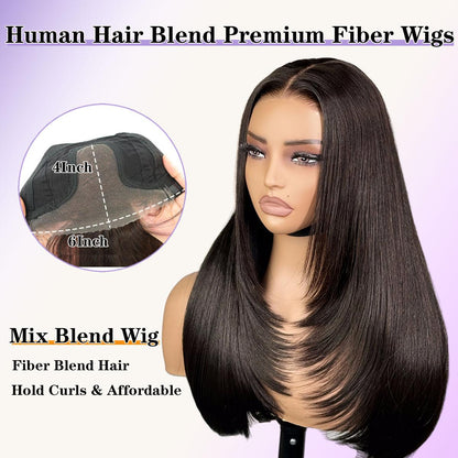 Wear and Go Human Hair Blend Fiber Glueless 6x4 Lace Front Wig Straight Layered Wig Natural Hairline