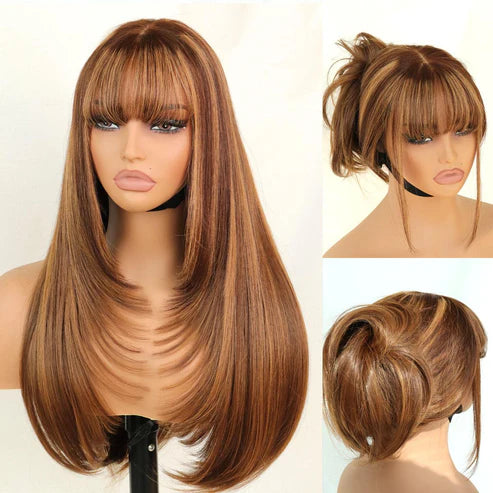 Human Hair Blend Wig Glueless Straight Layered Highlight Wigs with Bangs Wear&Go 6x4 Lace Front Wig
