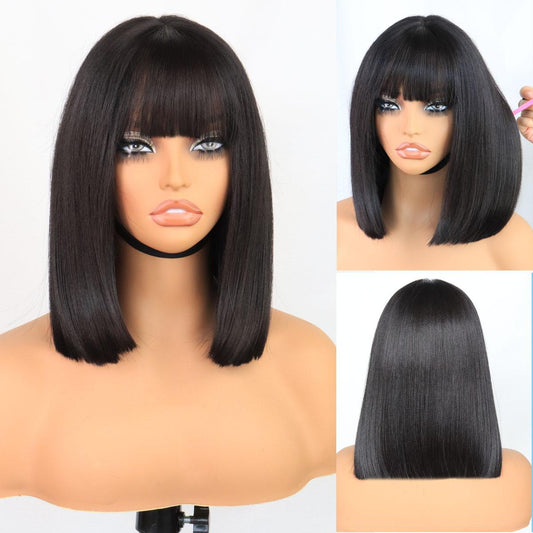 Glueless 5x4 Lace Front Synthetic Yaki Straight Bob Wig with Bangs Wear and Go short Blunt Cut Bob Wig