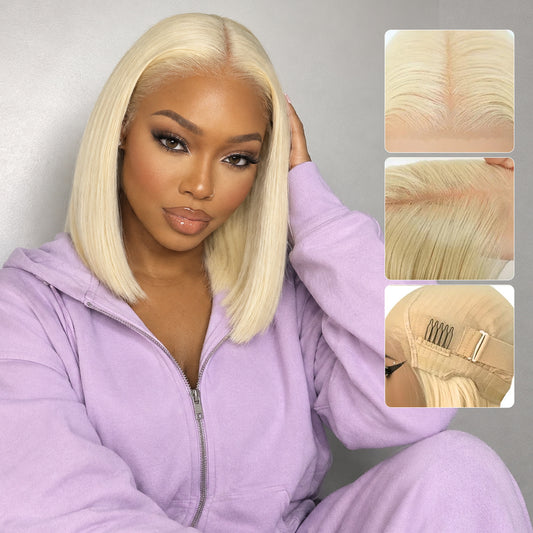 Wear and Go Glueless 9x7 Blonde Lace Front Synthetic Straight Wigs Double Drawn Bob Wig