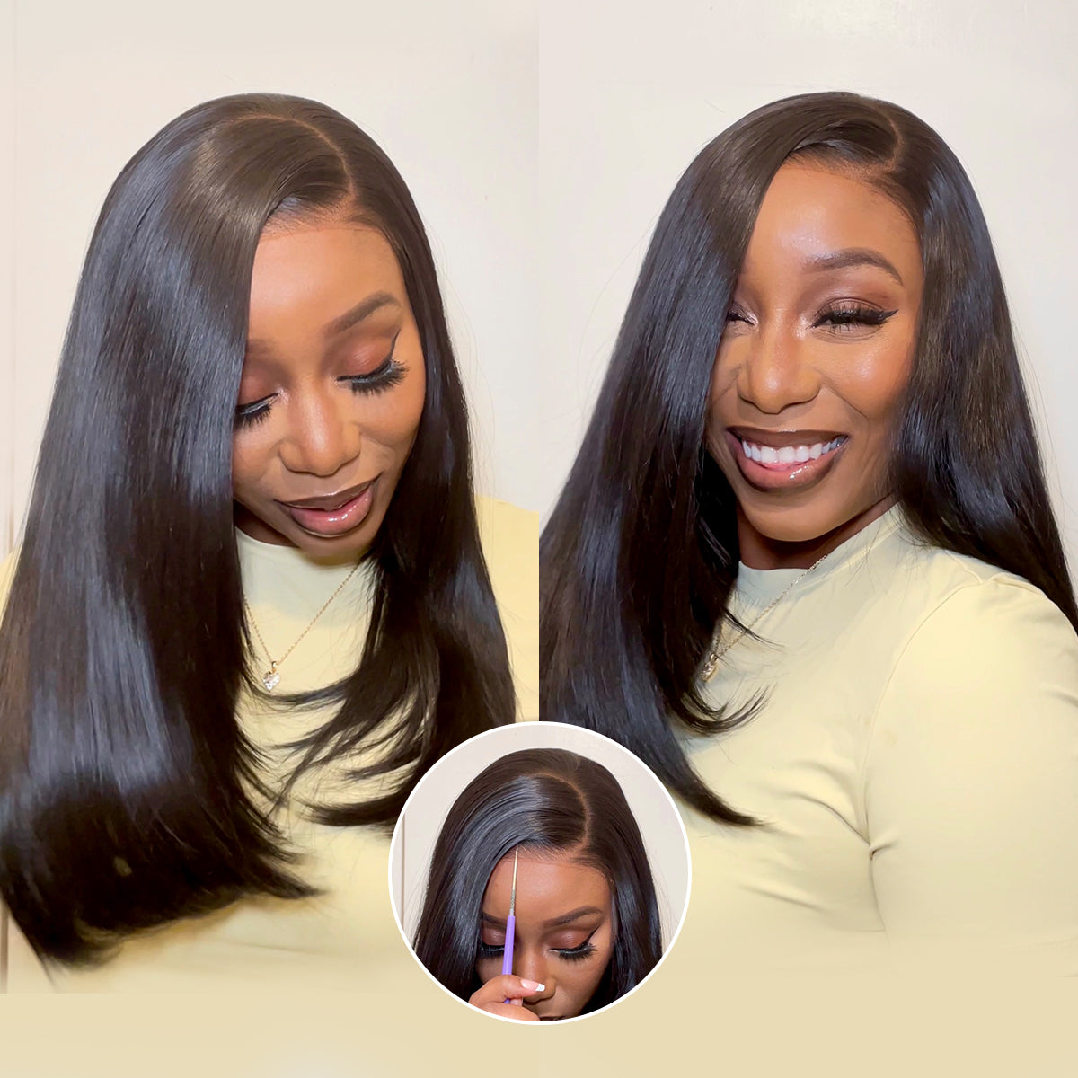 U&A Hair Synthetic 9x7 Glueless C-Part Layered Short Wig 14 Inch，Wear and Go Lace Front Straight Wig Pre Plucked Pre Cut Natural Hairline with Tiny Knots