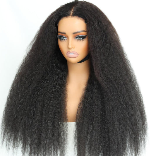 Glueless Human Hair Blend Fiber Kinky Straight 6*4 Real HD Lace Front Wig Wear and Go Wig