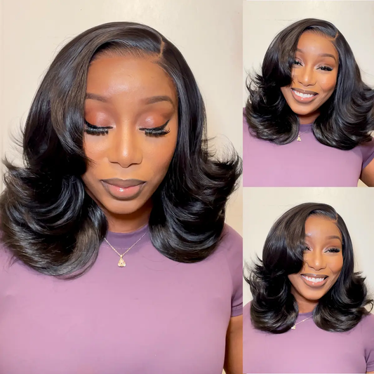 U&A Wavy Layered Wig Blowout Style 9x7 Lace Front Synthetic Wig C-Part Glueless Wear and Go 260% Density 18Inch