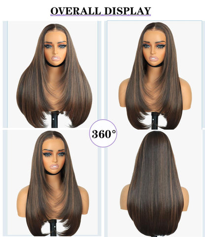 Synthetic layered cut 9x7 Lace Front 8/30 Dark Brown Wig Glueless Wear And Go  Wig  Premium Fiber